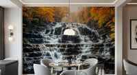 Autumn Waterfall wall mural in a minimalist guest room with white walls wallpaper