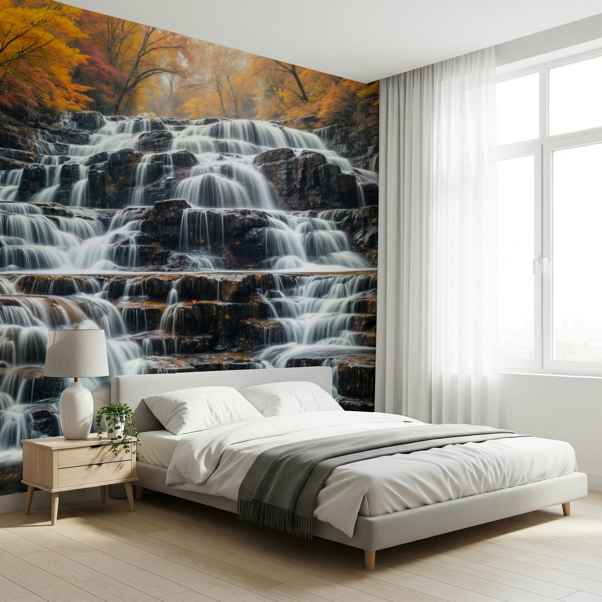 Golden forest landscape wallpaper for a feature wall in a calm study wall mural