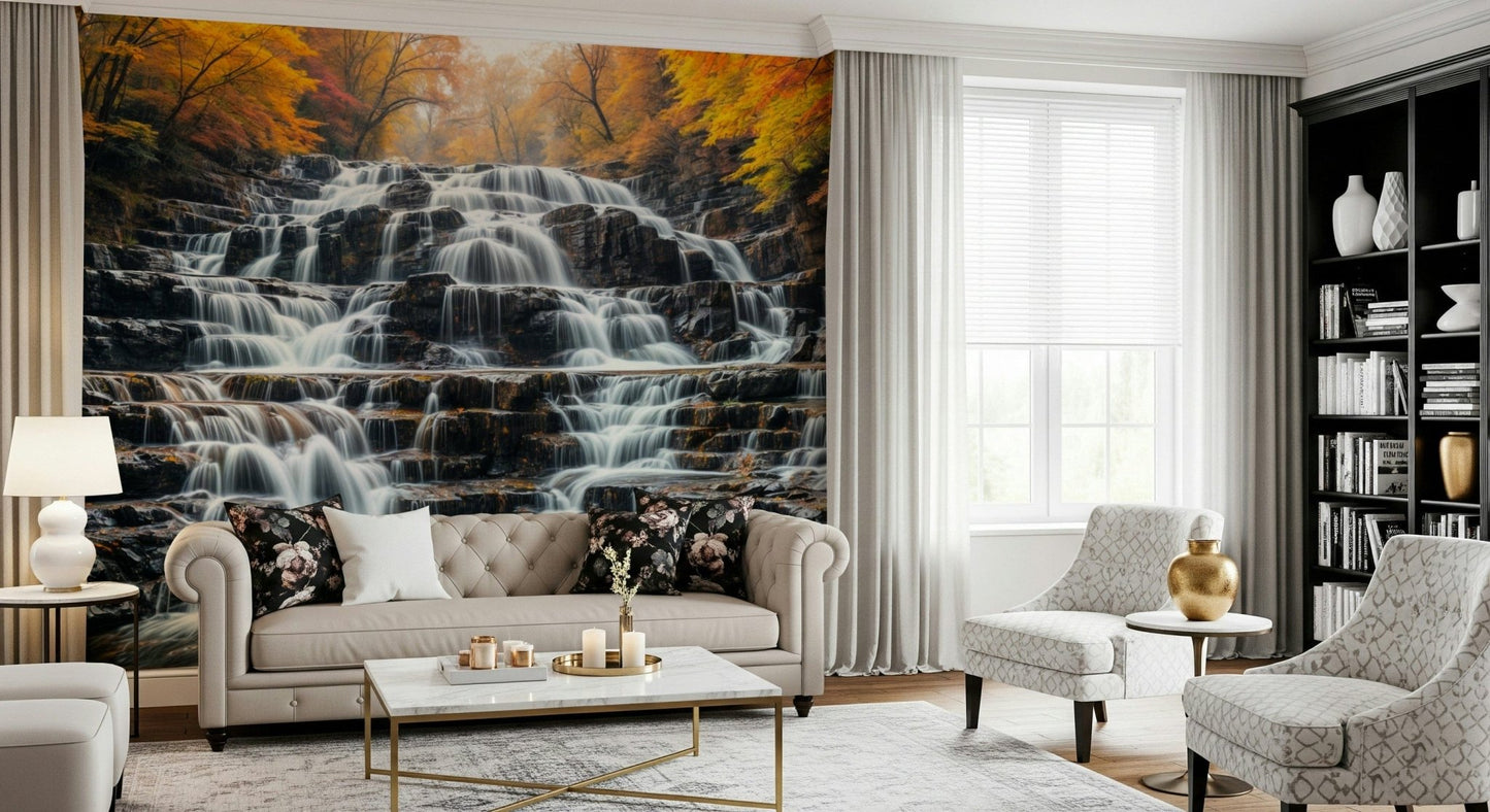 Detailed waterfall wallpaper with autumn foliage for a hallway wall mural