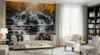 Detailed waterfall wallpaper with autumn foliage for a hallway wall mural