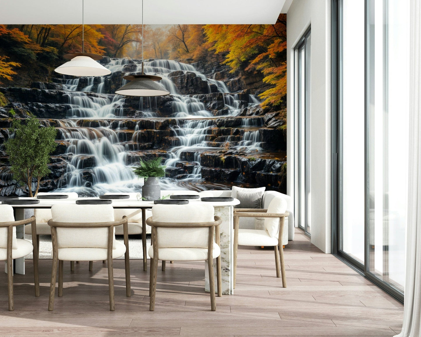 Nature inspired Autumn Waterfall wall mural for a modern dining room wallpaper