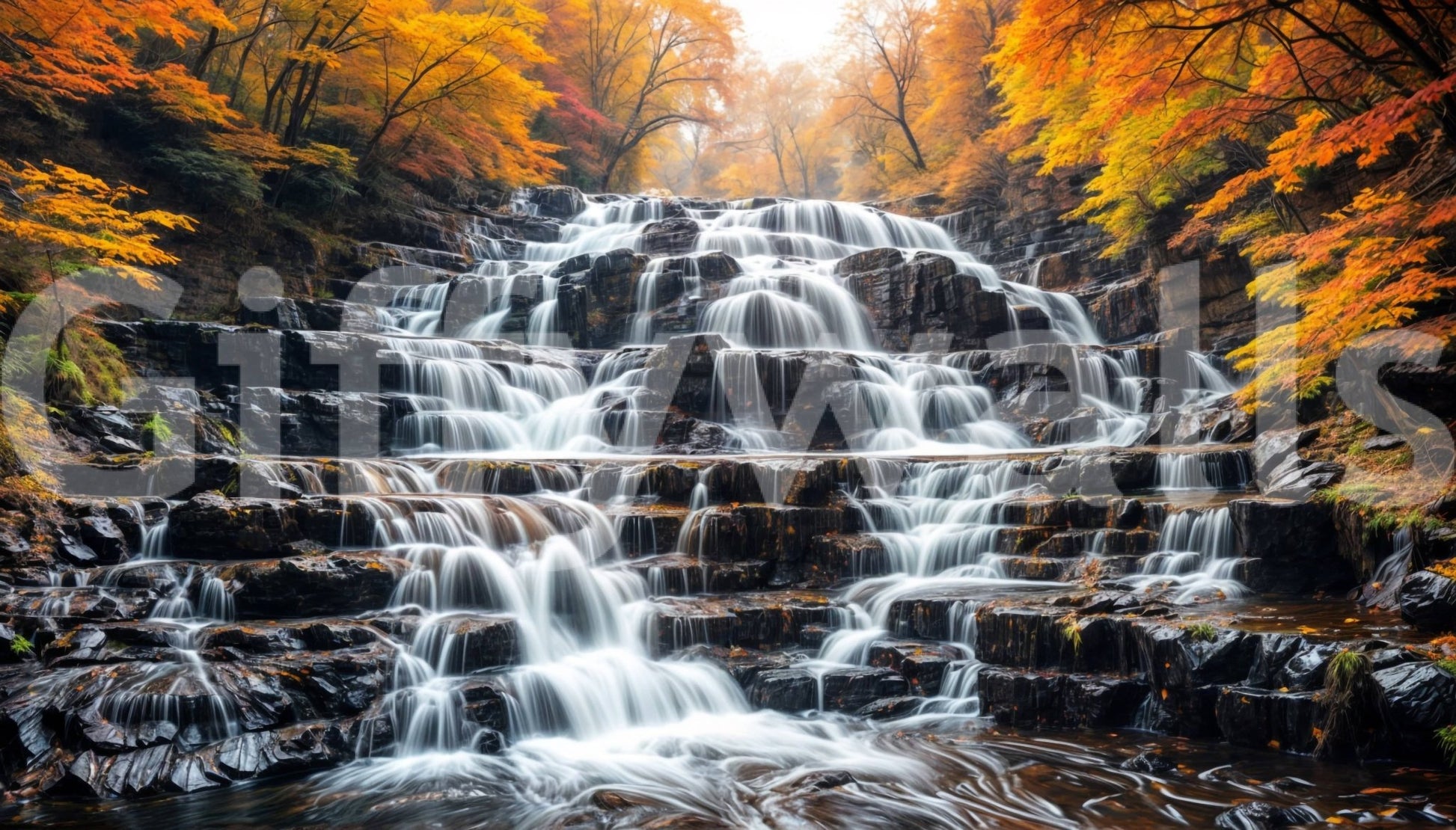 Autumn Waterfall wall mural with flowing water for a spa-like bathroom wallpaper