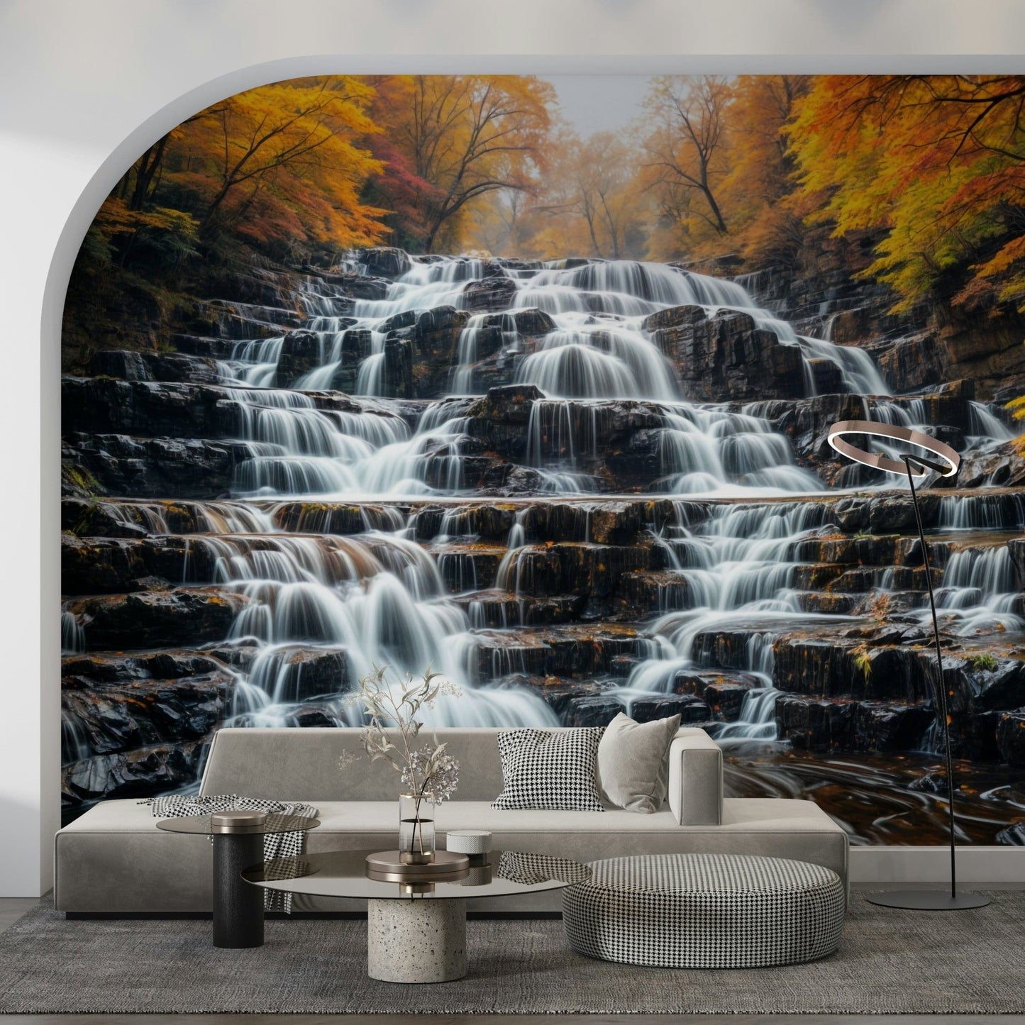 Scenic forest wallpaper featuring a cascading waterfall for a bedroom wall mural