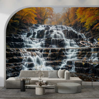 Scenic forest wallpaper featuring a cascading waterfall for a bedroom wall mural