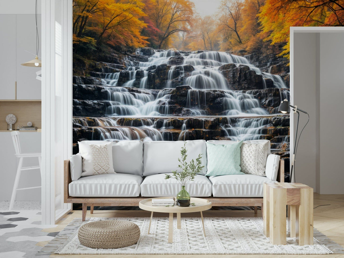 Autumn Waterfall wall mural with red maple leaves in a living room wallpaper