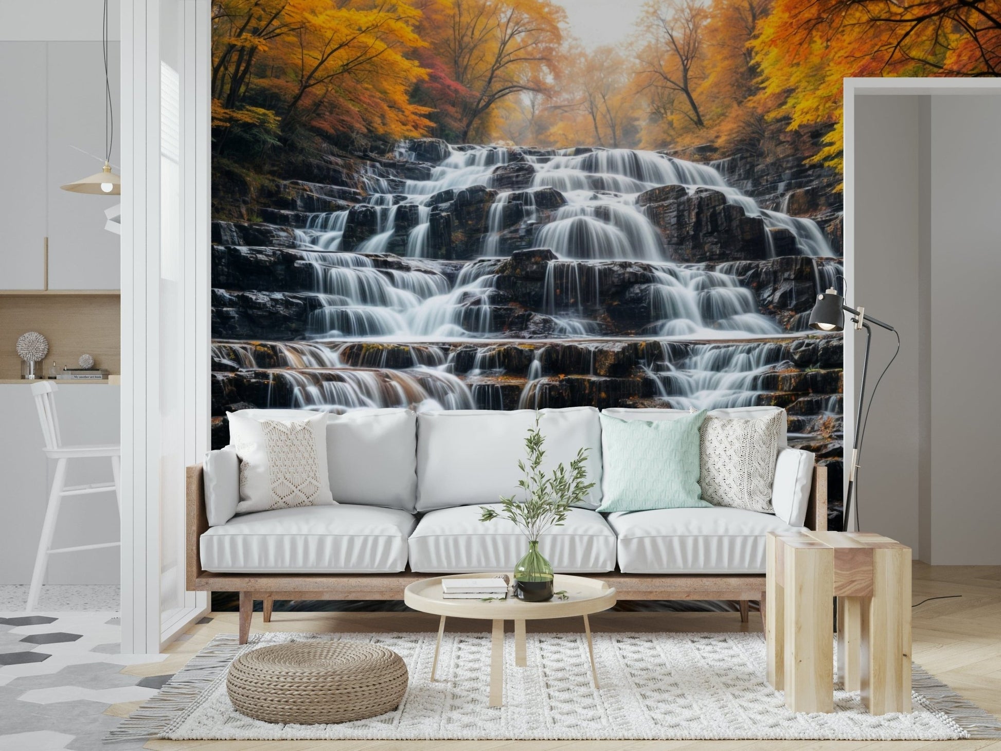 Autumn Waterfall wall mural with red maple leaves in a living room wallpaper