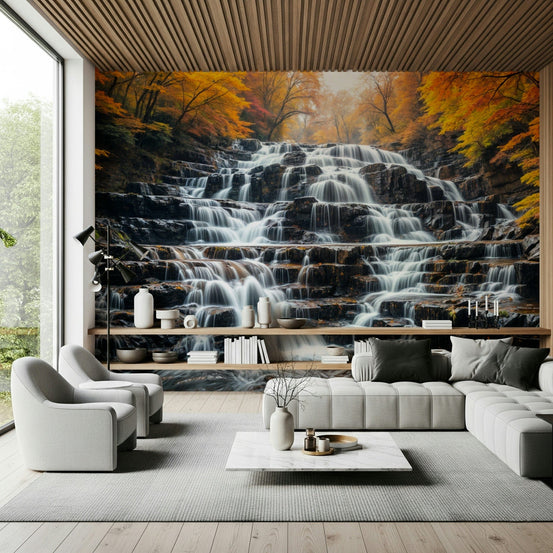 Autumn Waterfall wall mural with brown and gold tones for home décor wallpaper, GD7674