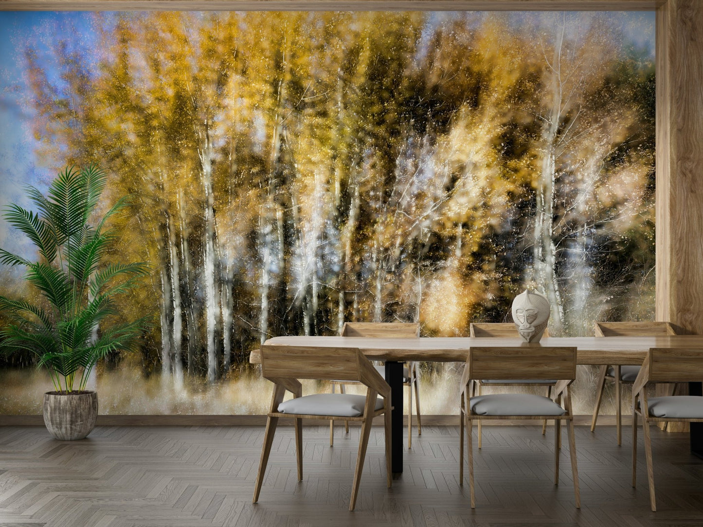 The color palette is composed primarily of warm golden hues, yellows, oranges, and soft browns, reflecting autumn foliage.
