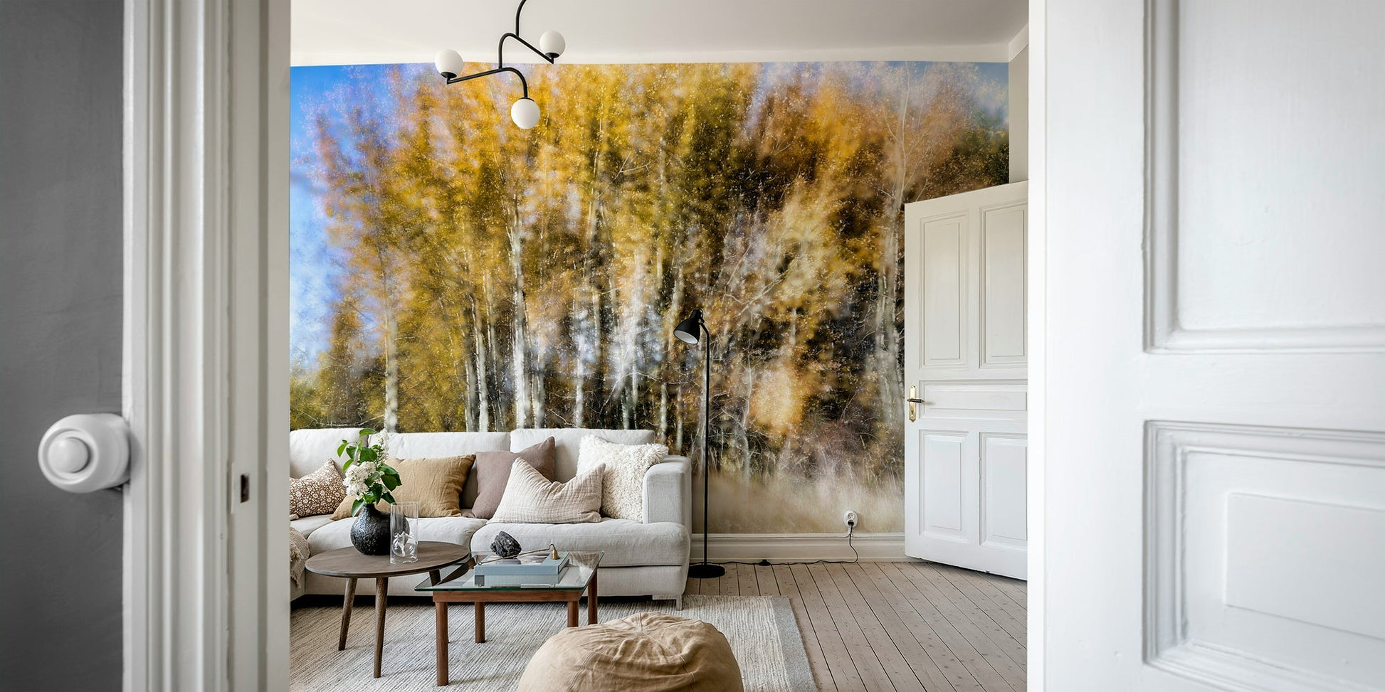 The design evokes a sense of peace, mystery, and the gentle movement of autumn nature.
