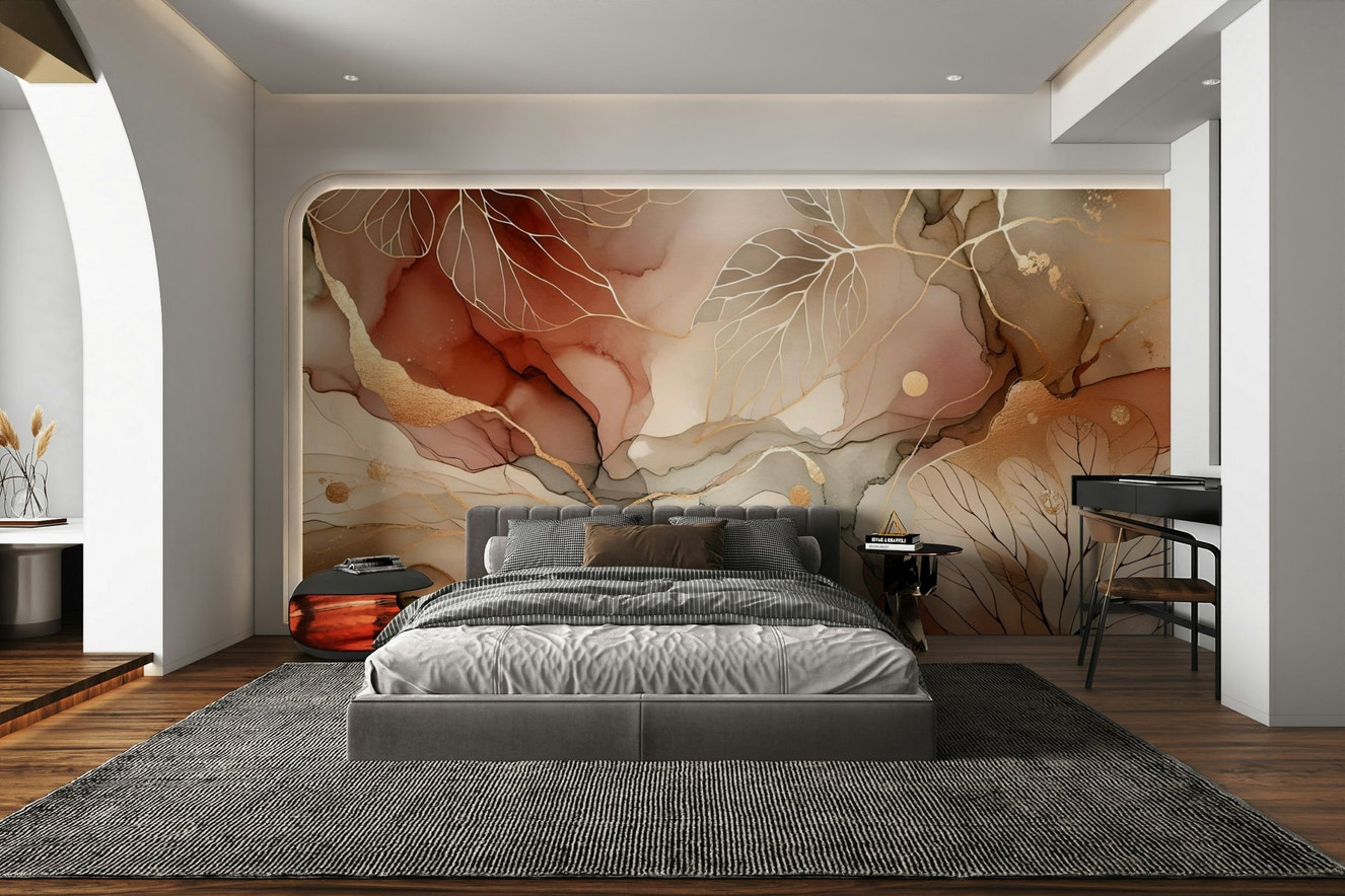 Autumn leaves wall mural in warm tones.


