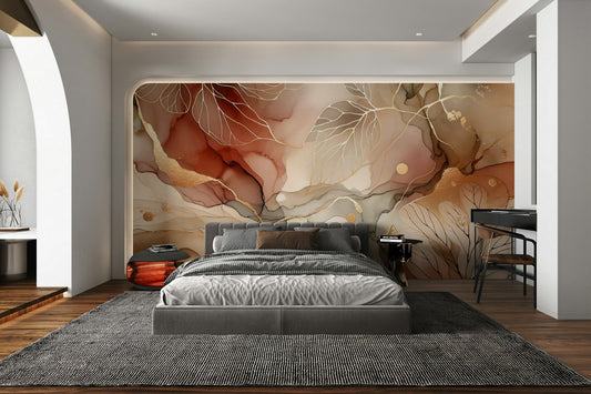 Autumn leaves wall mural in warm tones.

