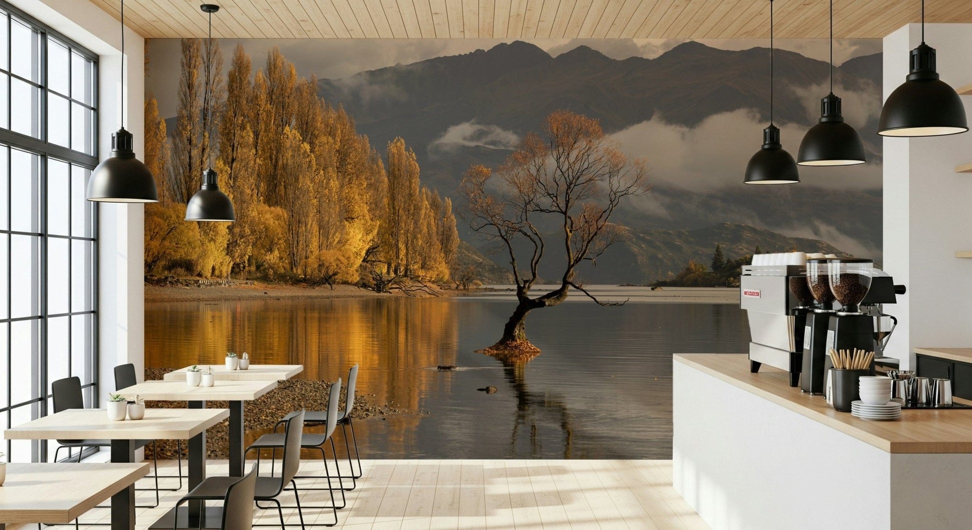 Cloud-kissed peaks, vibrant shore Autumn Woodland Dawn Mirror room mural.