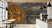 Cloud-kissed peaks, vibrant shore Autumn Woodland Dawn Mirror room mural.