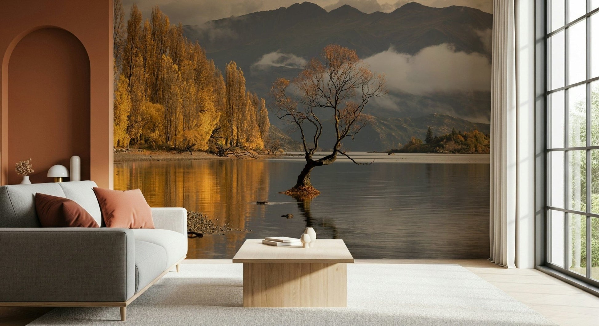 Wanaka-inspired tree at sunrise Autumn Woodland Dawn Mirror wallcovering print.