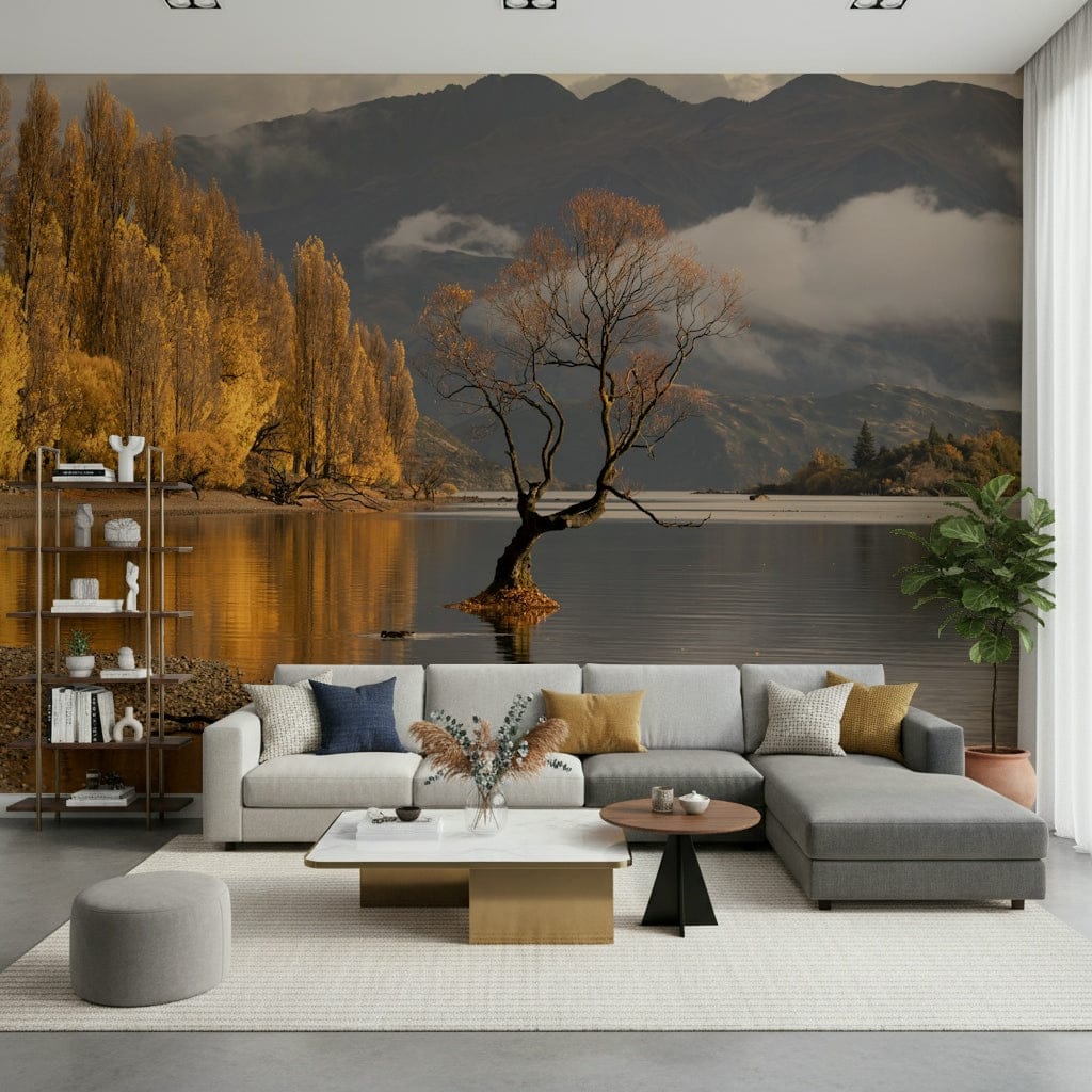 Serene lake with singular tree Autumn Woodland Dawn Mirror home mural design.