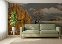 Solitary tree, dramatic mountain background Autumn Woodland Dawn Mirror large mural.