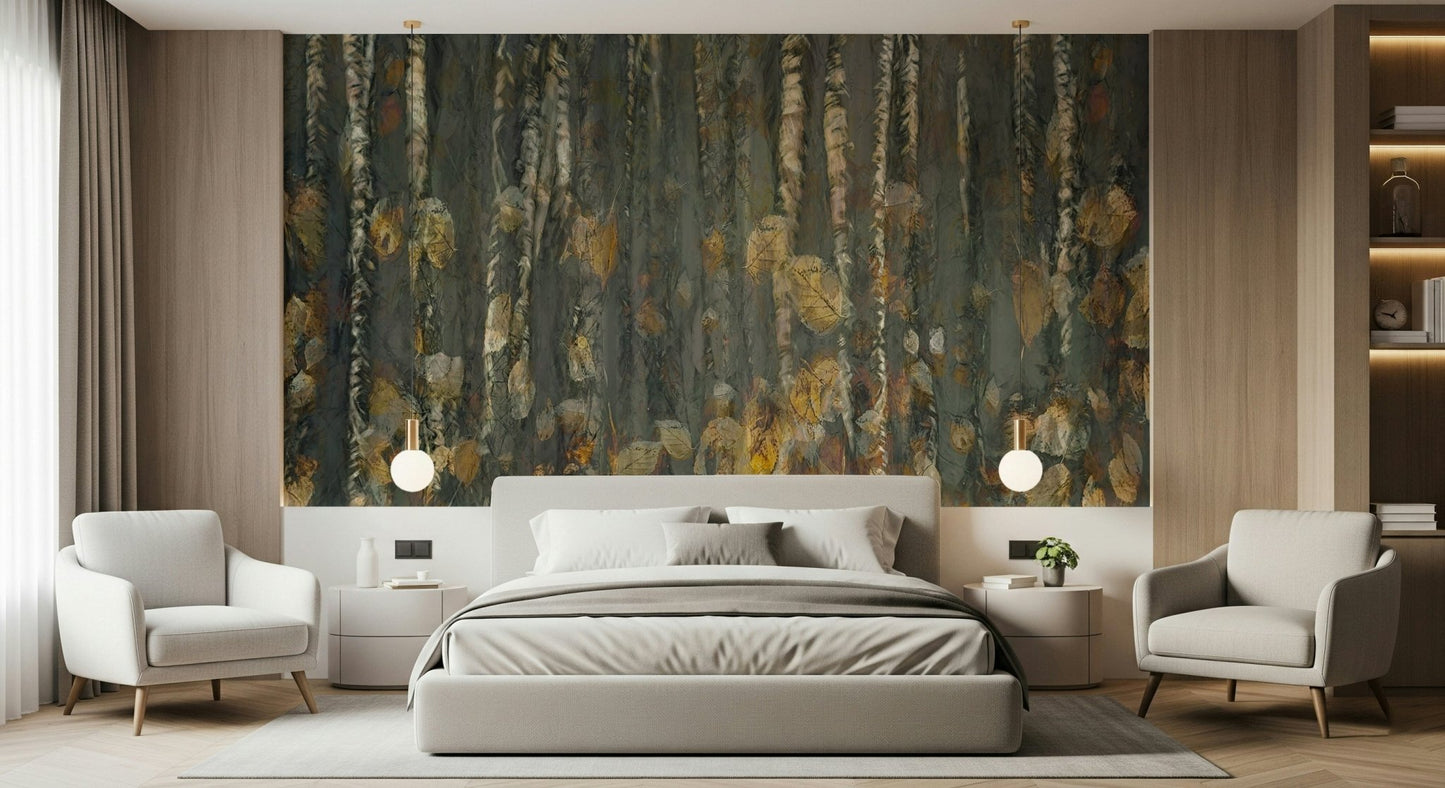 A beautiful wide-angle wall mural of an autumn forest.