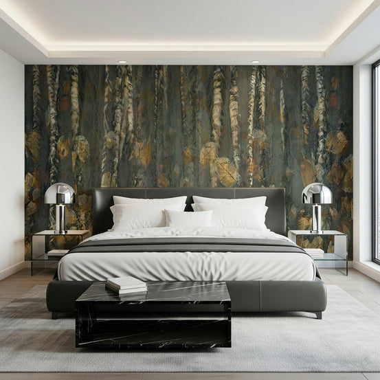A beautiful autumnal woods wallpaper mural with vibrant fall foliage., GD5604