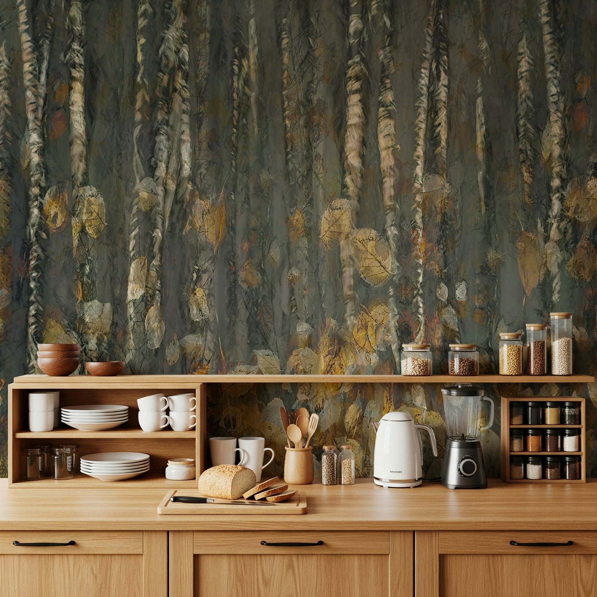 A graceful subtle leaf wall mural in warm, orange and red tones.