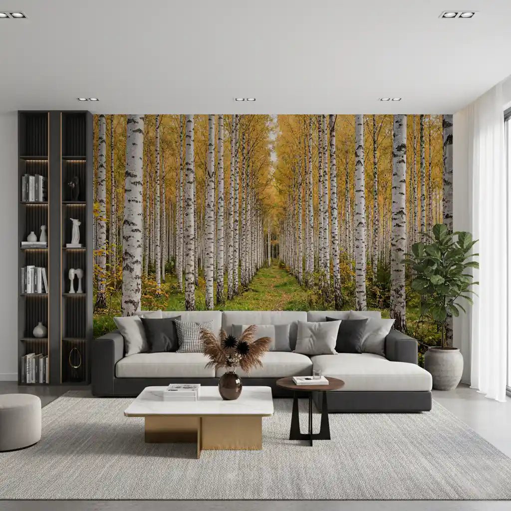Hallway featuring Autumnal Birch Haven wall mural pathway, GD9134