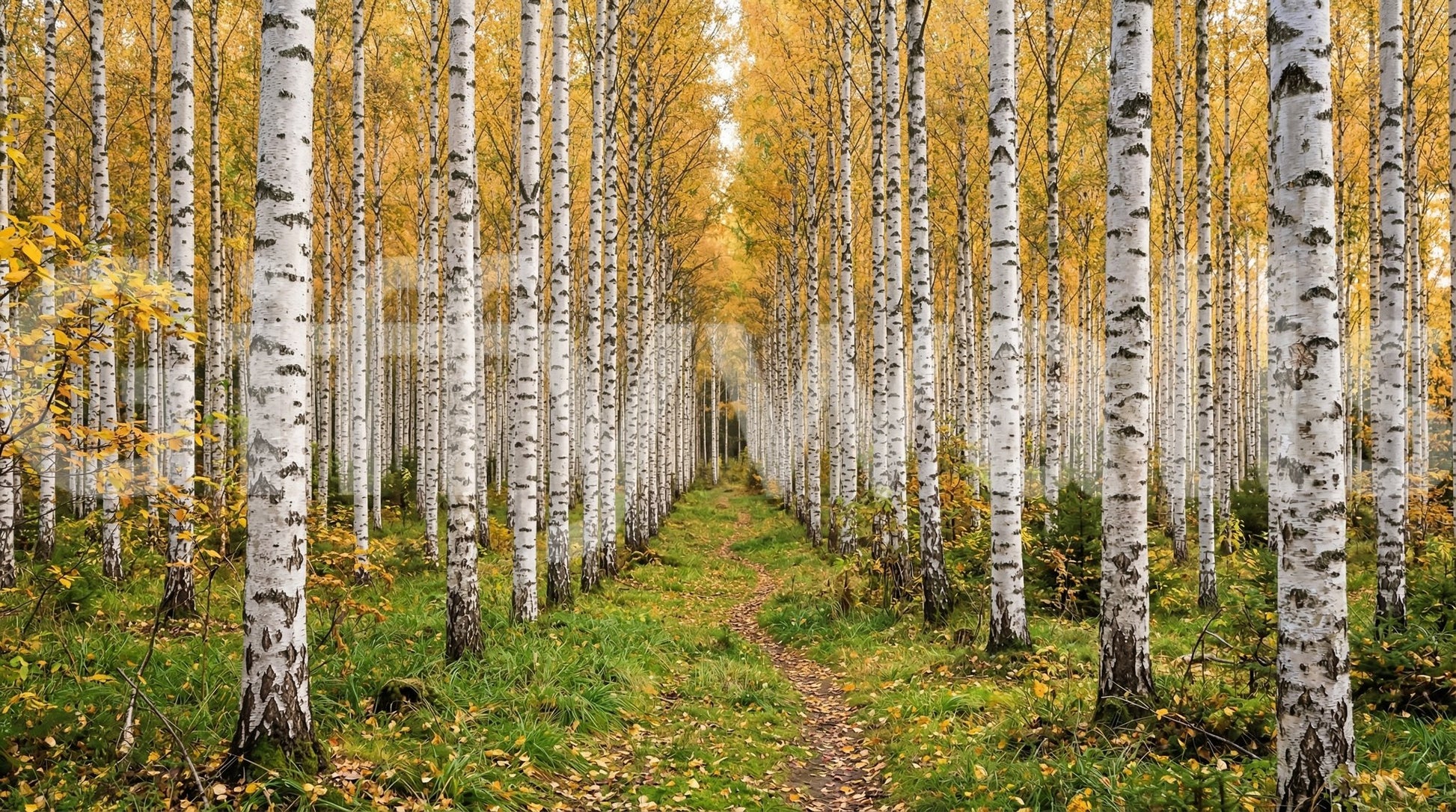 Golden foliage and trees in Autumnal Birch Haven mural, GD9134