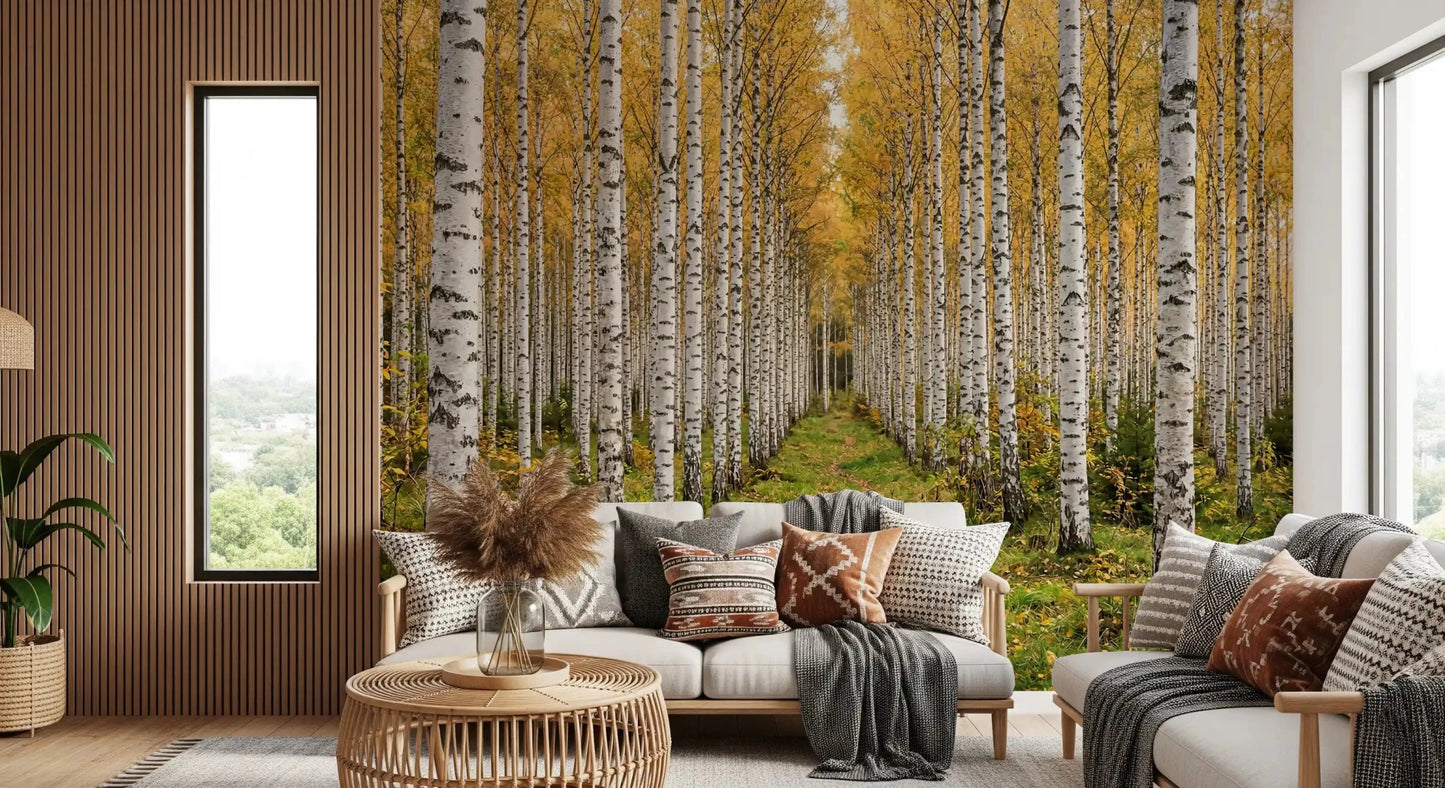 Natural woodland depth in Autumnal Birch Haven wall mural, GD9134