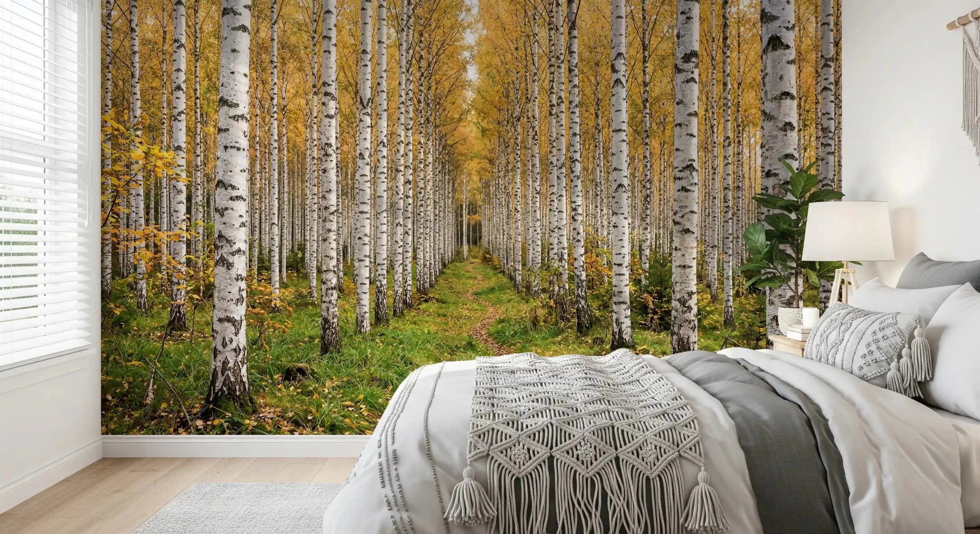 Bedroom styled in Autumnal Birch Haven wall mural scene, GD9134