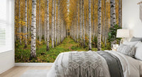 Bedroom styled in Autumnal Birch Haven wall mural scene, GD9134