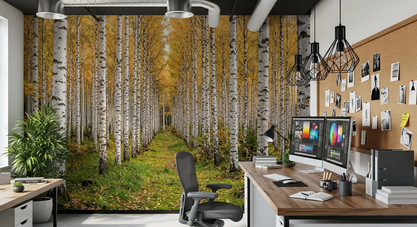 Woodland path in Autumnal Birch Haven wall mural scene, GD9134