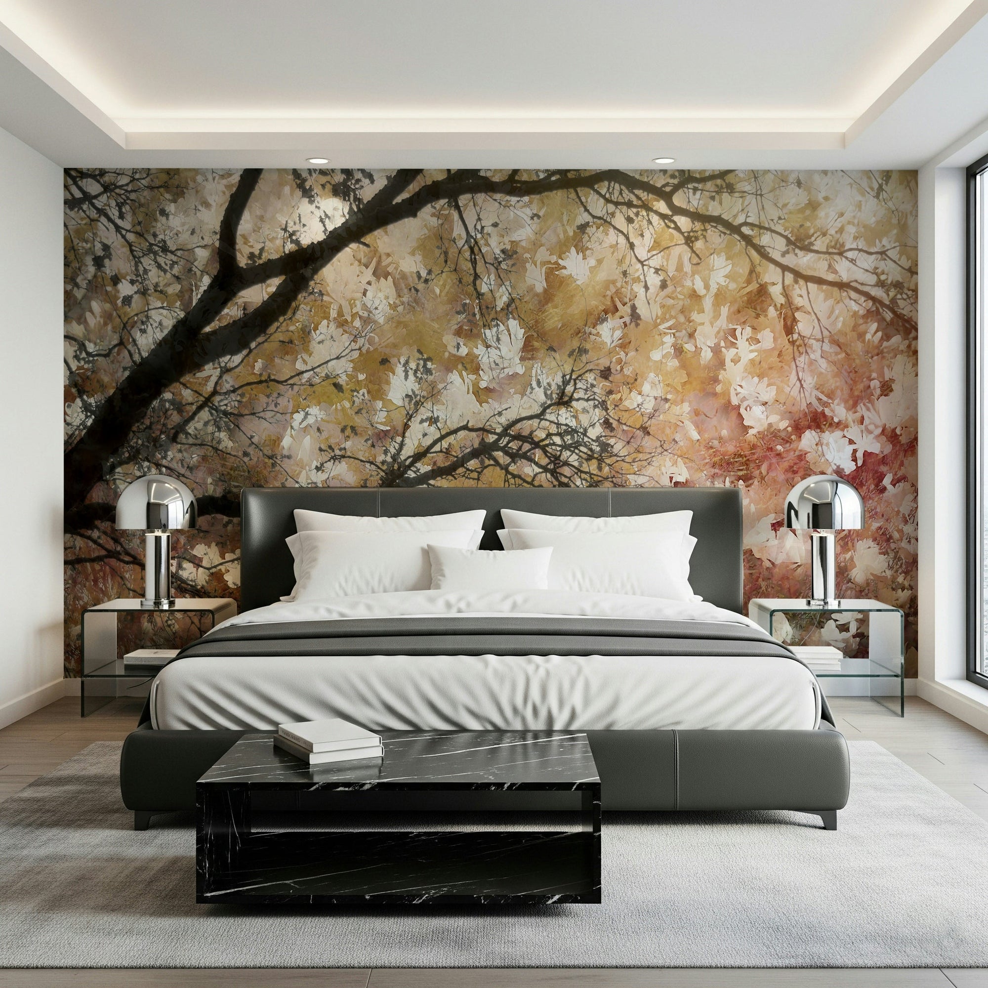 A beautiful autumnal canopy wallpaper mural with warm, rich colors., GD5617