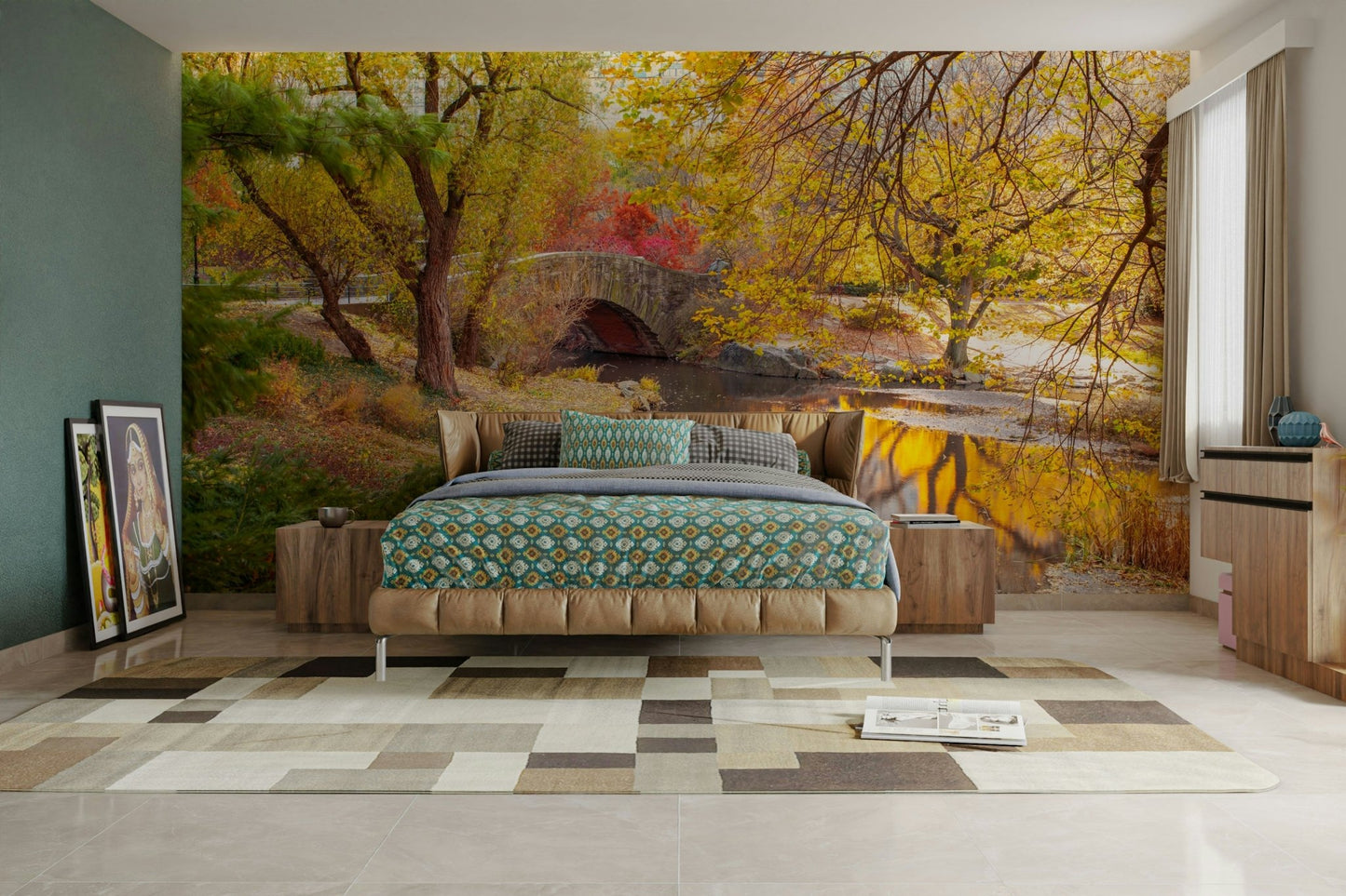 Beautiful stone bridge in the middle of an autumn park

