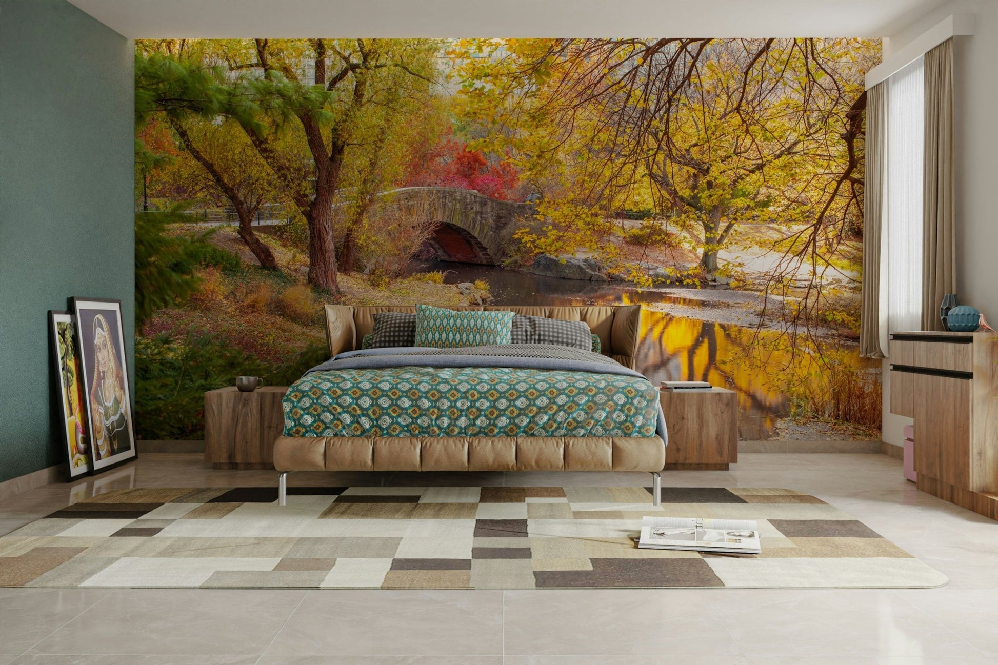 Beautiful stone bridge in the middle of an autumn park

