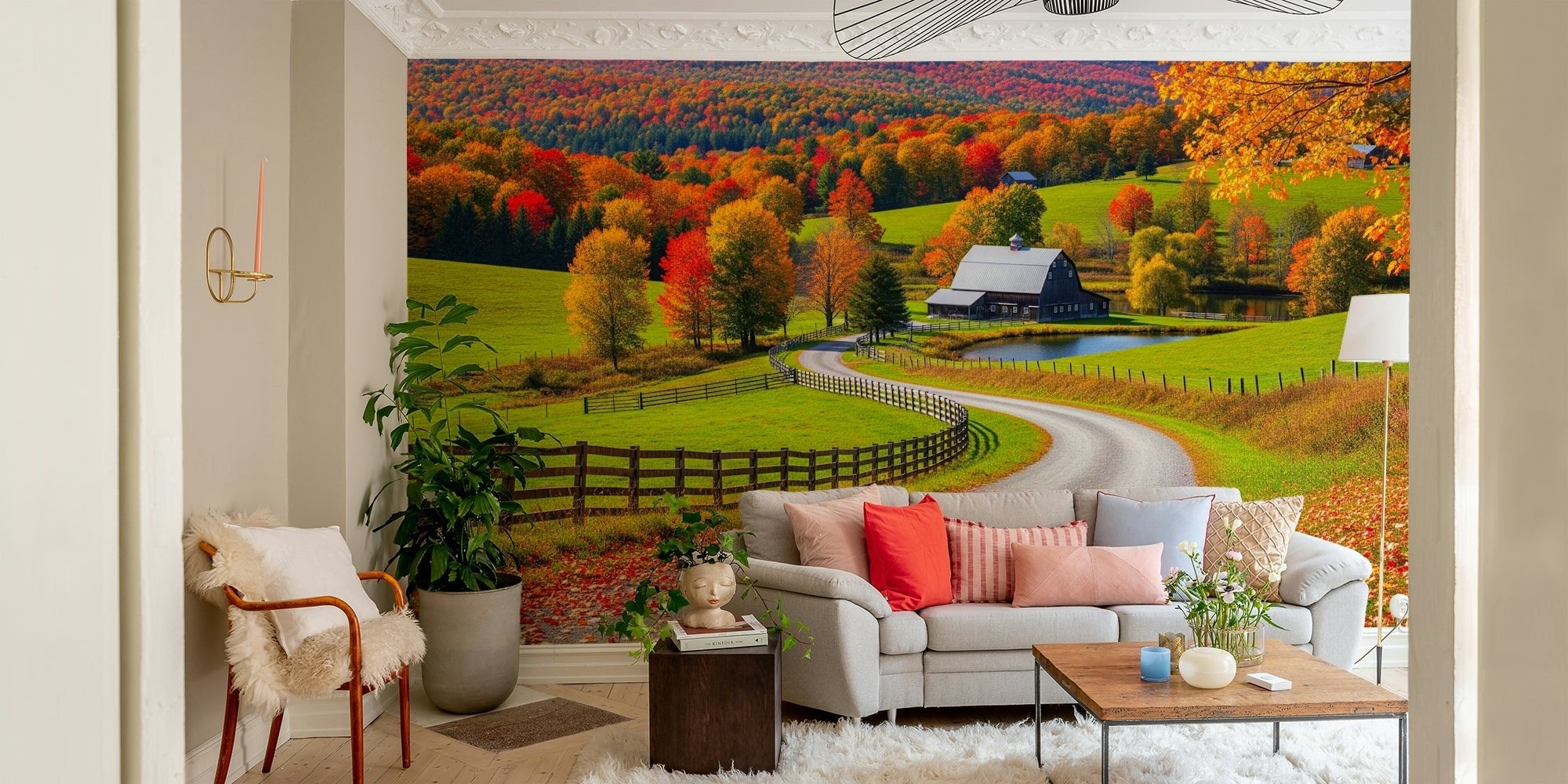 A peaceful wall mural with a charming autumn farm scene. GD4205

