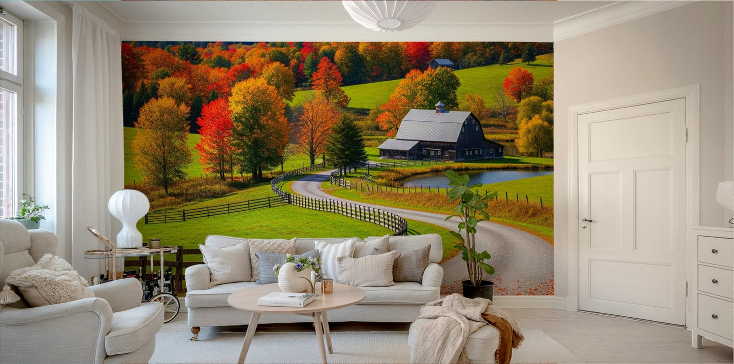 The composition is a wide, landscape view of the farm.

