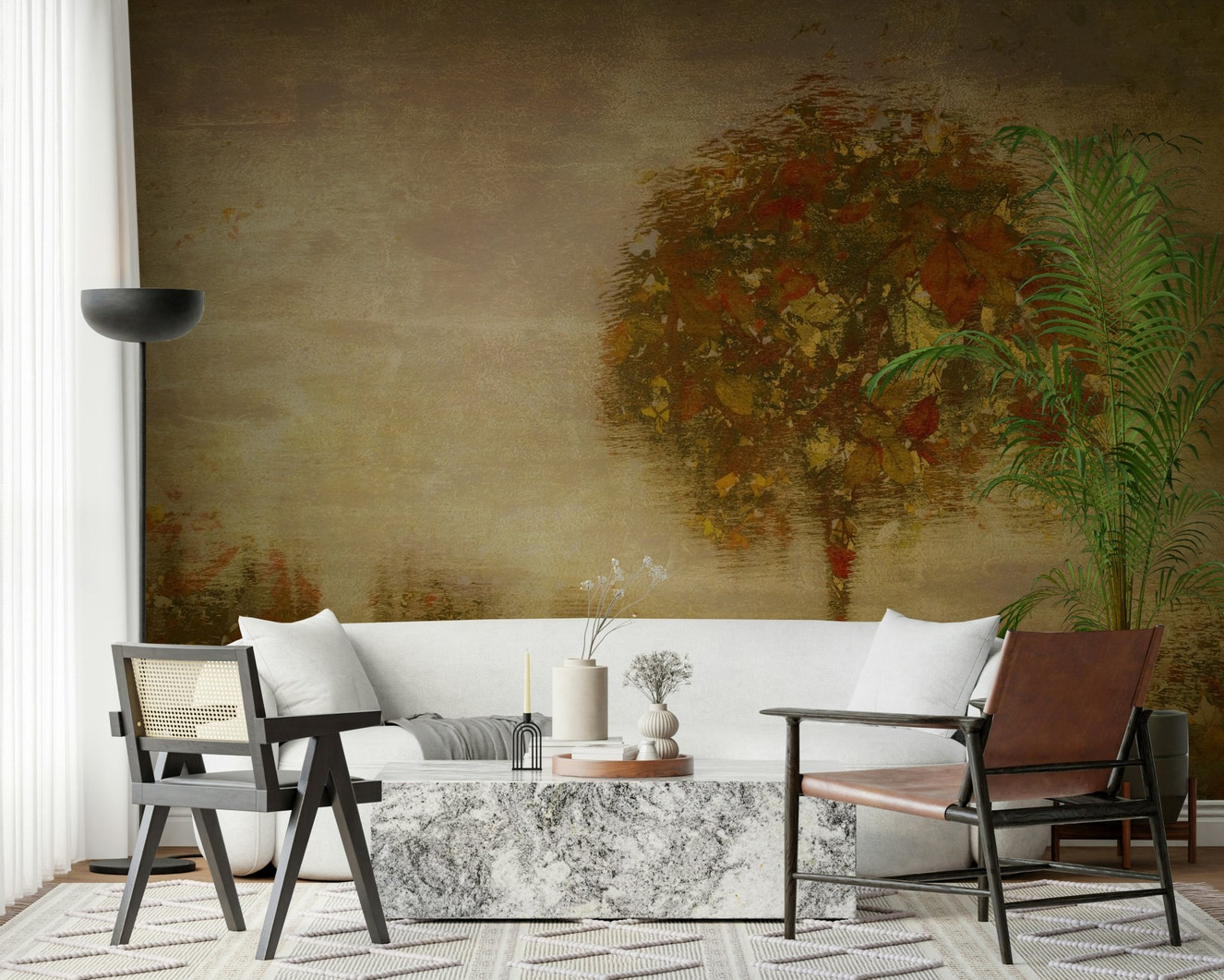 A beautiful abstract art wallpaper mural in warm, autumnal hues and tones.