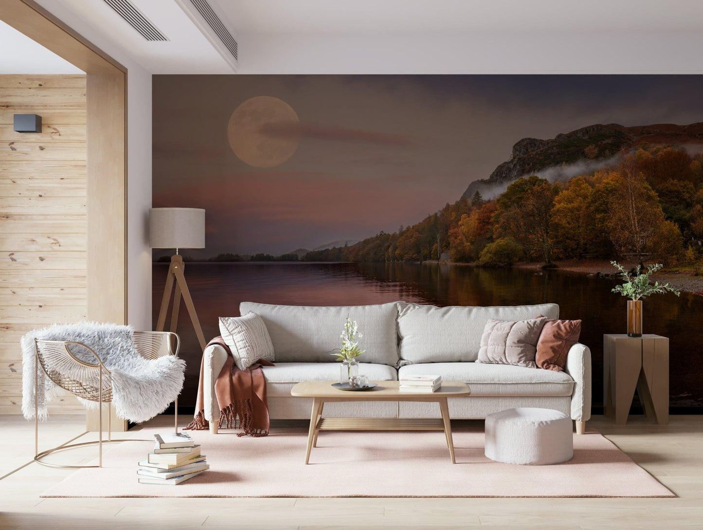 Detailed nature wall mural showing a full moon reflection in a lounge setting.