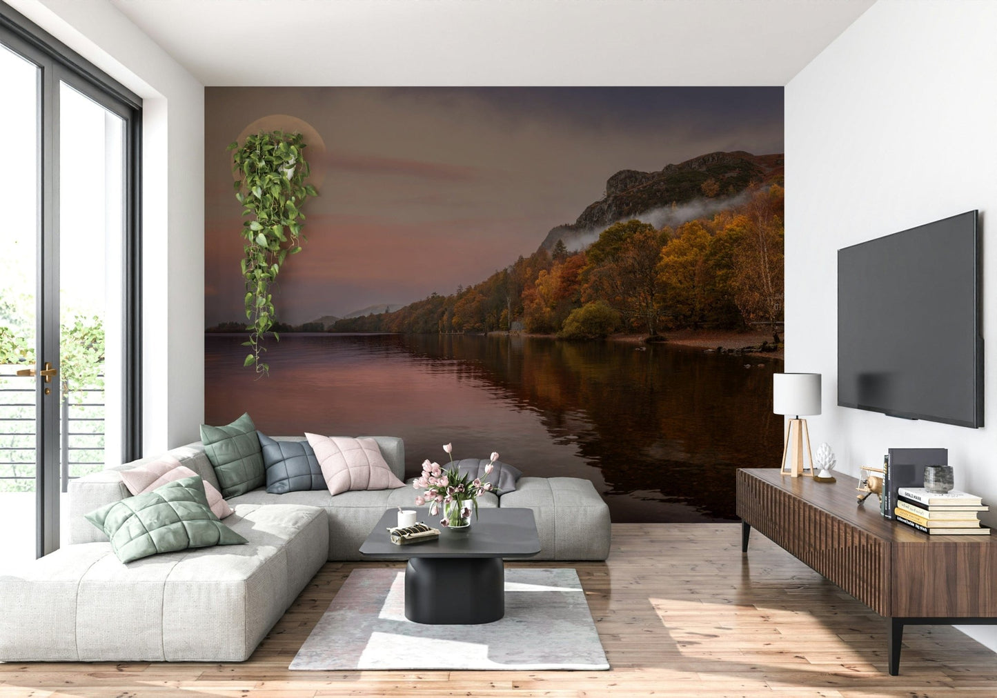 Sophisticated landscape wallpaper mural for a contemporary hallway wall mural.