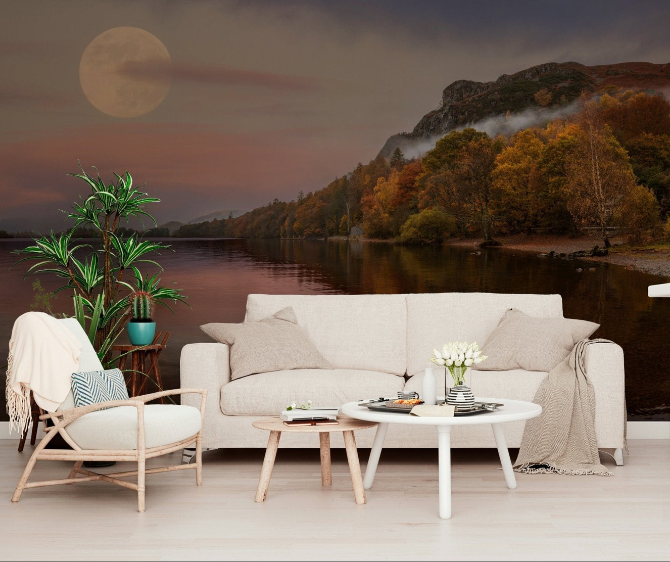 Warm autumnal tones wallpaper mural for a cozy dining space feature wall.
