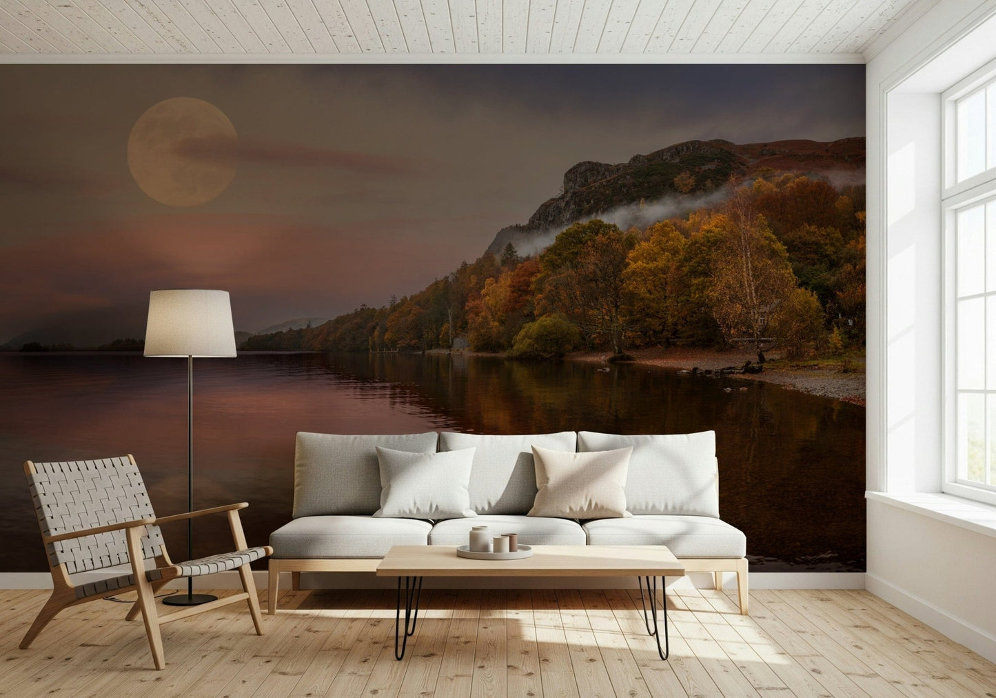Atmospheric night sky wall mural with a lakeside forest for a guest suite wall.