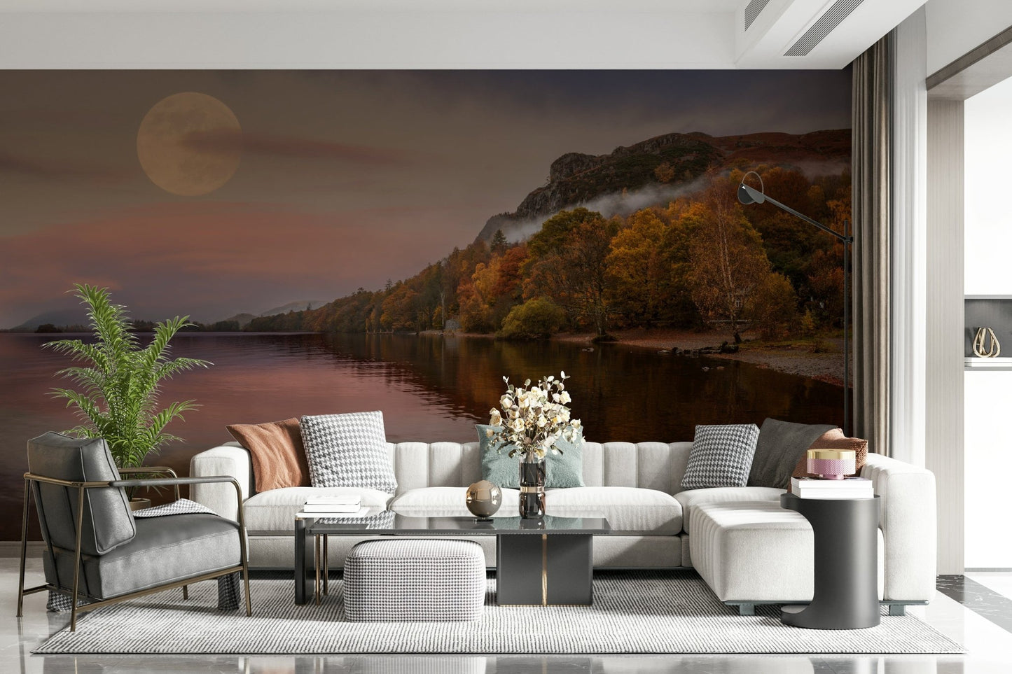 Serene night landscape wallpaper featuring a calm lake for a bedroom wall mural.