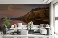 Serene night landscape wallpaper featuring a calm lake for a bedroom wall mural.