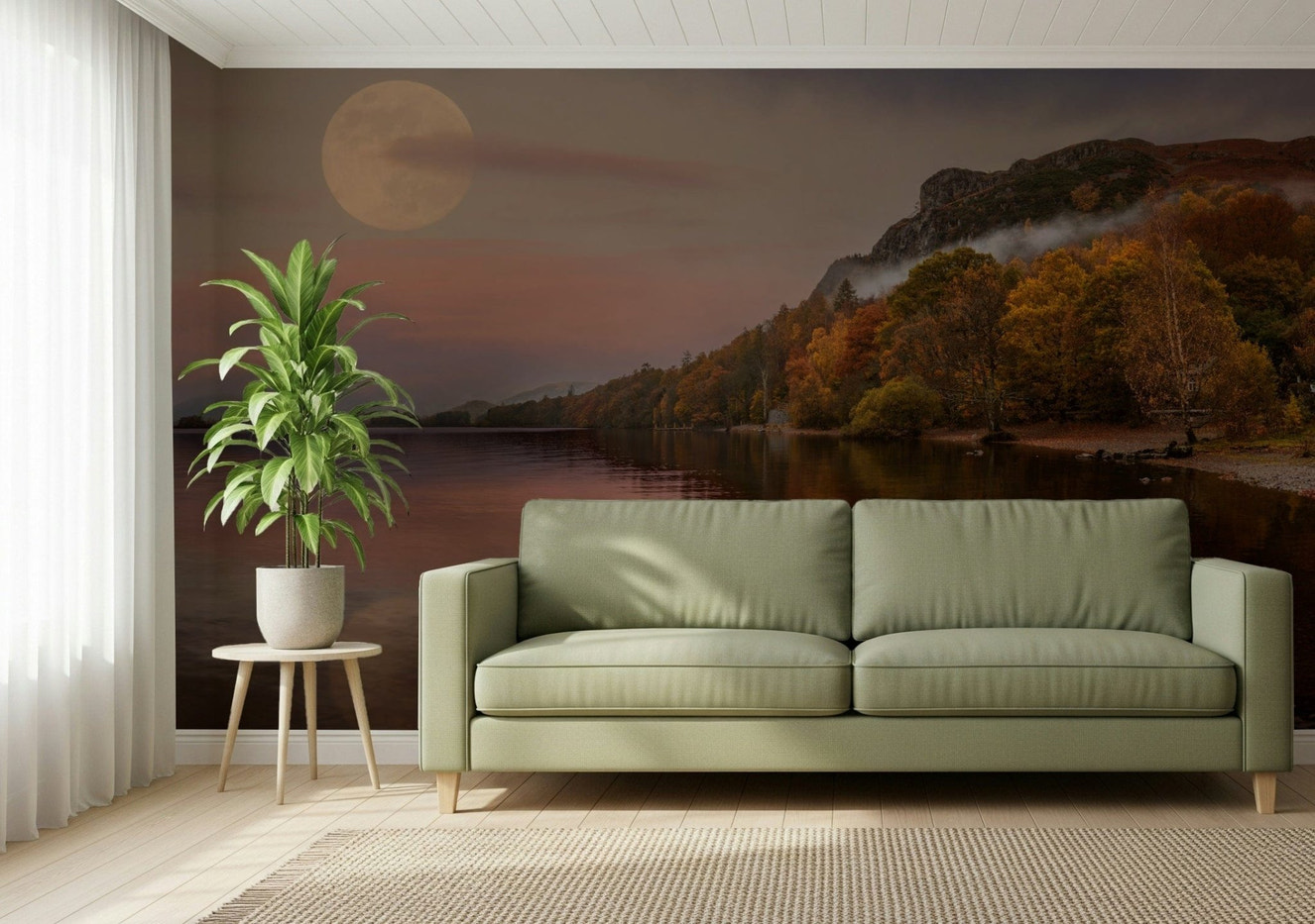 Autumnal Lake's Moon Wall Mural with a glowing moon in a modern living room.