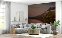 Autumnal Lake's Moon wallpaper with mist and trees in a minimalist apartment.