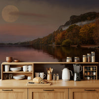 Autumnal Lake's Moon wallpaper with orange forest leaves in a home office wall.