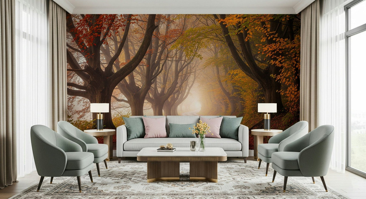 Winding forest path wallpaper featuring colorful fall foliage and leaves.