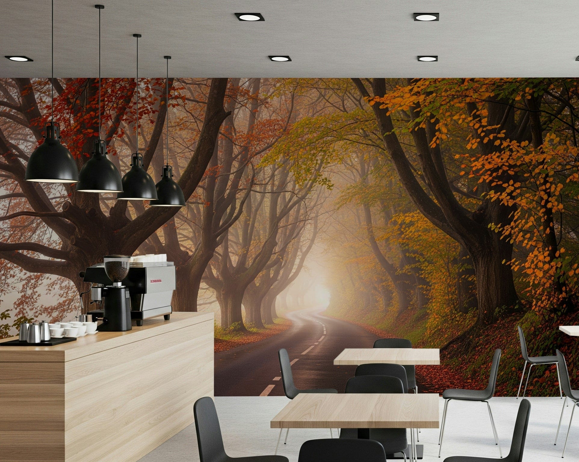 Autumnal road serenity wall mural with deep russet and yellow tones.