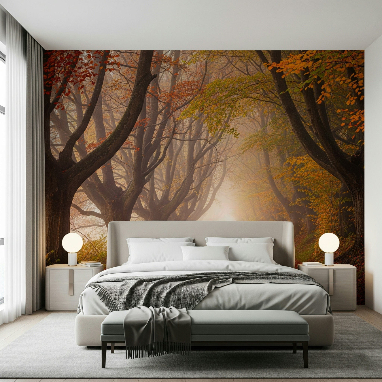 Autumnal road serenity wall mural with vibrant orange and gold trees.