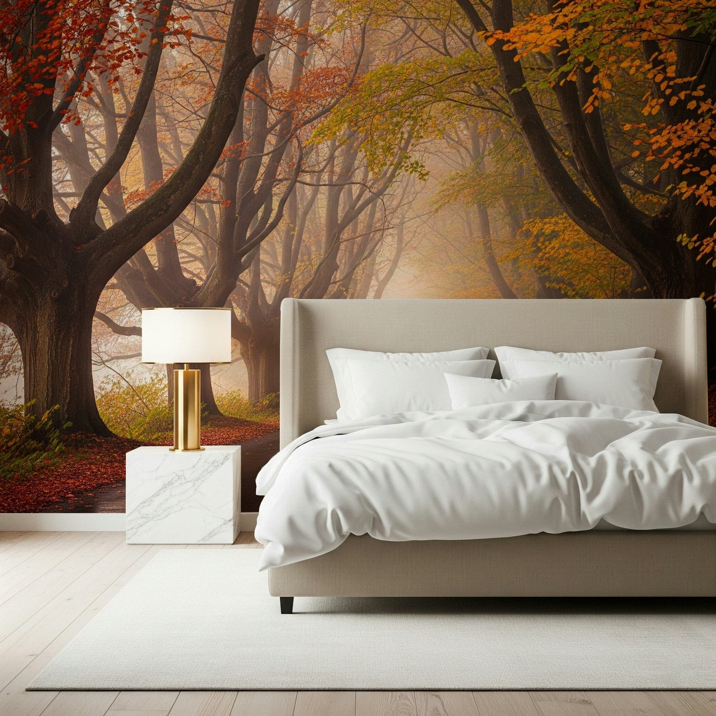 Minimalist forest path wallpaper for a serene autumn-themed room.