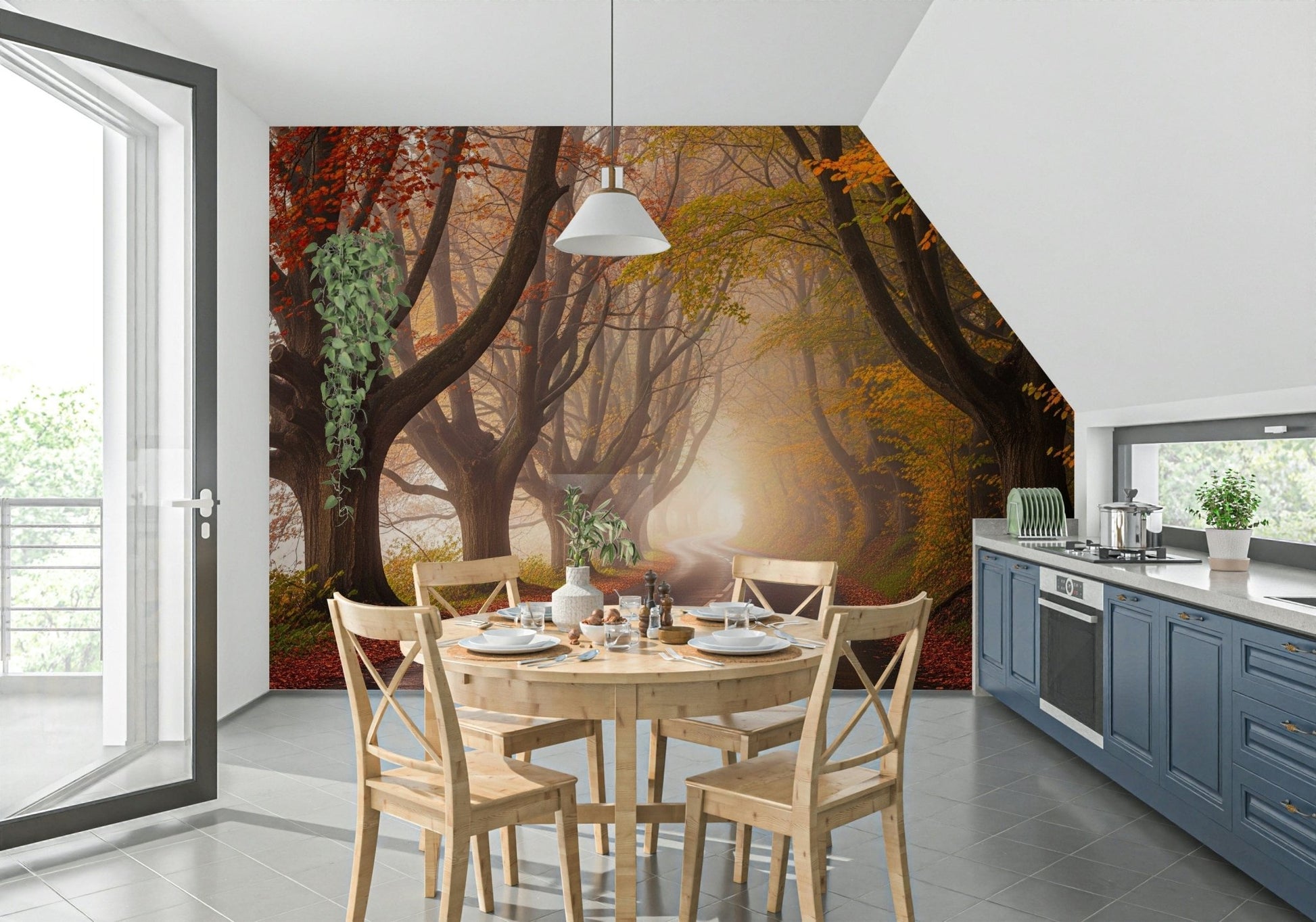 Rustic autumnal road serenity wall mural for a cozy interior aesthetic.