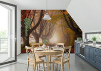 Rustic autumnal road serenity wall mural for a cozy interior aesthetic.